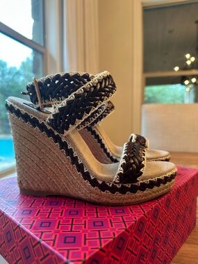 Tory Burch Brown Braided Espadrille Wedge Sandals